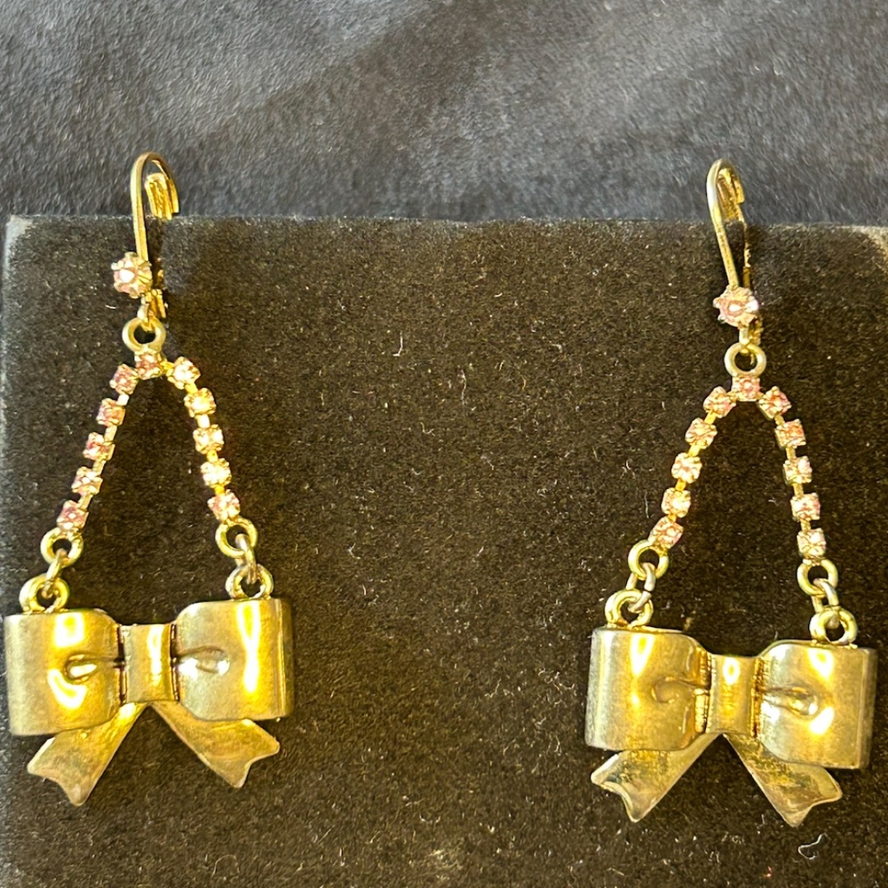Gold Bow Dangle Earrings - Picture 2 of 5
